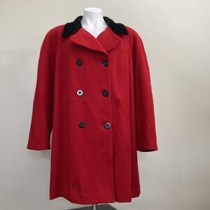 Vintage 80s Red Wool Coat Velvet Trim Lane Bryant Designs & Co Peacoat Women 3XL